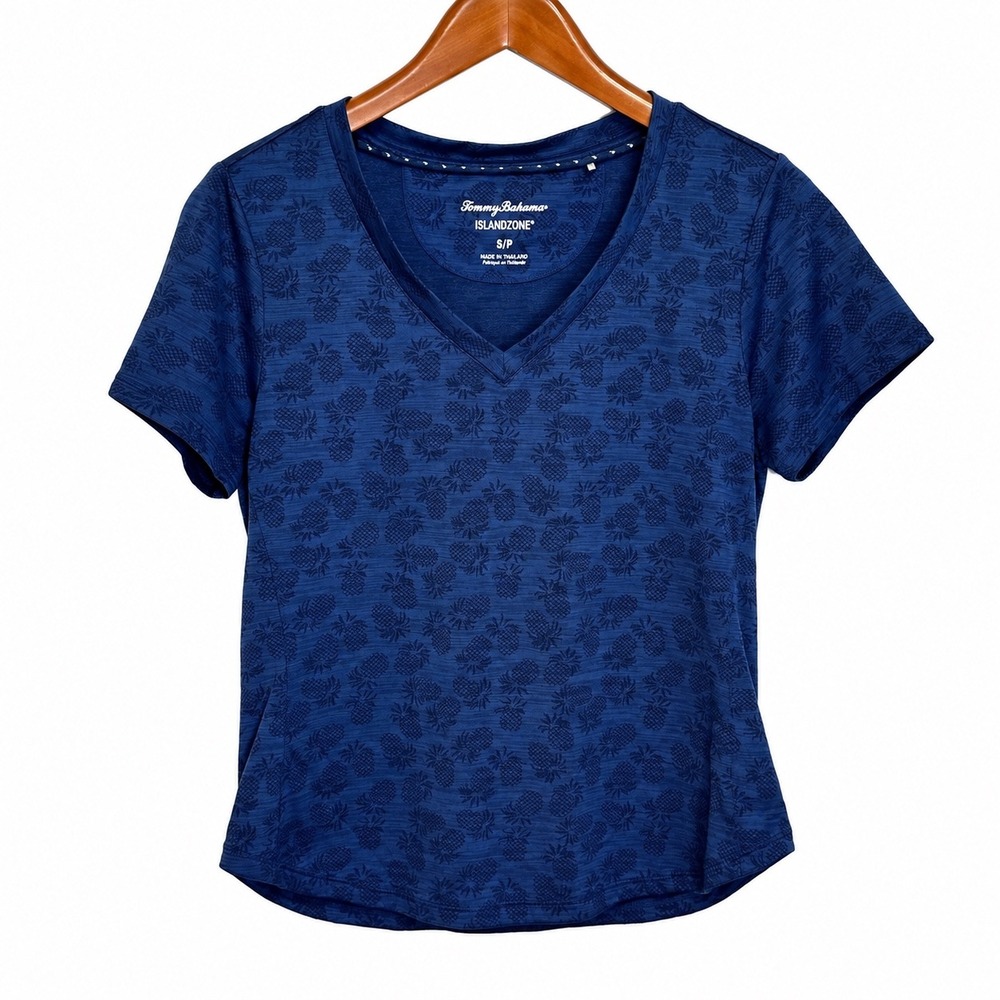 Tommy Bahama IslandZone Blue Pineapple Jacquard V-Neck T-Shirt Women Small